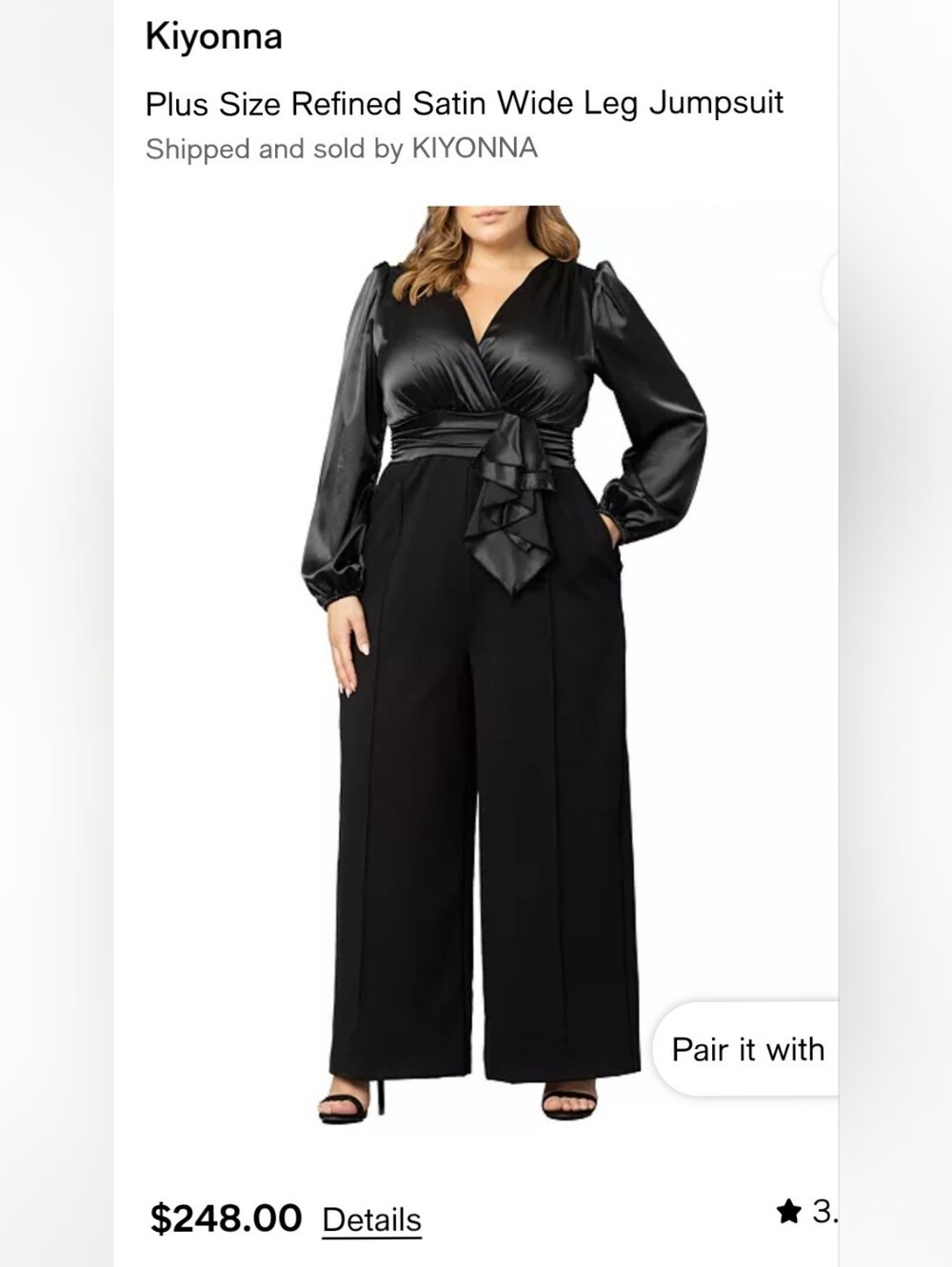 Kiyonna Black Satin Wrap-Front Wide Leg Jumpsuit
